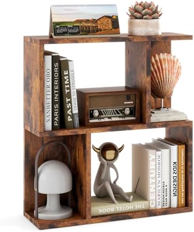 Giantex 3-Tier S-Shaped Bookshelf, Modern Geometric Bookcase, Freestanding Display Shelf for Small Space, Versatile Side