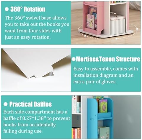 4-Tier Rotating Bookshelf,360° Display Book Shelf,Floor Standing Bookcase,Children's Bookshelves for Bedroom, Living Roo