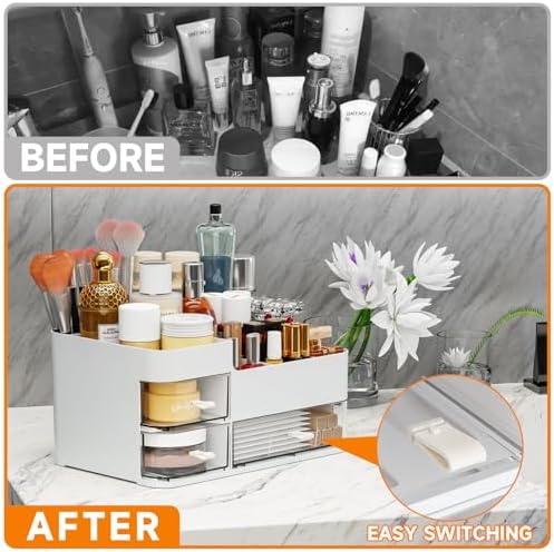 SuoXing White Make up Organizers for Vanity,Large Plastic Bathroom Counter Organizer With Drawers,Skincare Organizers an