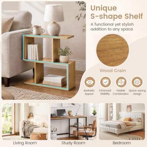 GIANTEX 3-Tier Wood S-Shaped Geometric Bookshelf Set of 2, Natural