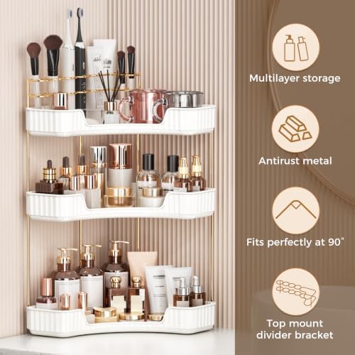 BEFSOP Corner Bathroom Counter Organizer, Upgraded 3-Tier Makeup Organizer Countertop with Makeup Brush Holder, Skincare