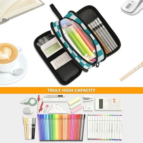 Wfrish Blue Checkerboard Pencil Case Football Pencil Pouch Big Capacity 3 Compartments Back to School Supplies for Teen Girl Boy Pouch Pen Bag Large Storage Organizer with Zipper Handle for Men Women