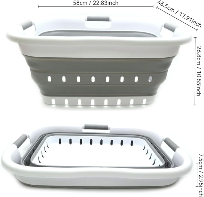 SAMMART 41L (10.8 gallon) Collapsible 3 Handled Plastic Laundry Basket - Foldable Pop Up Storage Container/Organizer - Portable Washing Tub - Space Saving (3 handled rectangular, White/Grey)