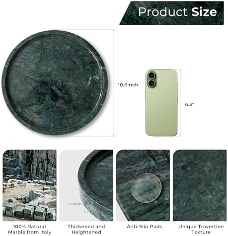 Natural Marble Decorative Tray for Bathroom Bedroom Kitchen, Large 10.6" Round Vanity Trays for Jewelry, Perfume, Cosmet