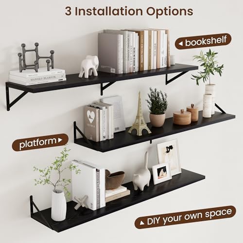 Axeman Floating Shelves for Wall Black- 55 Inch Wide x 12 Inch Deep Wall Shelves Set of 2 - Black Deep Wood Floating She