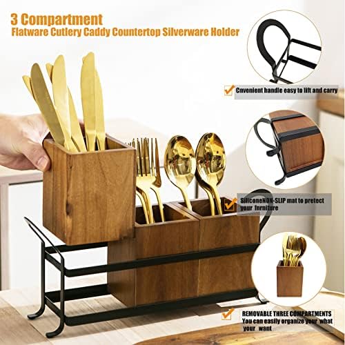 NelyBet Utensil Caddy Silverware Cutlery Holder with 3 Compartment, Wooden Utensil Crock Flatware Organizers with Metal 