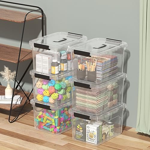 12 Qt Clear Tote Box, Plastic Storage Bin with Lid & Handle Set of 6