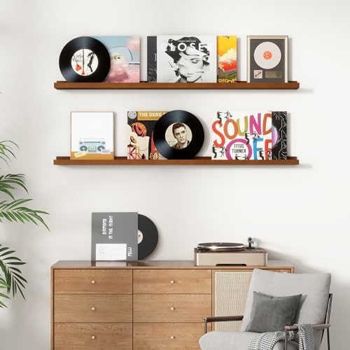 FLYJOE Picture Ledge Wall Shelves 24 inch Width Set of 2, Solid Pine Wood Rustic Floating Ledge Shelves for Wall for Kids' Room Bedroom Kitchen Bathroom Living Room Nursery Display Wall Decor, Walnut