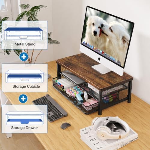 OPNICE Computer Monitor Stand Riser, Desk Organizer with Drawer, Printer & Laptop Stand, Office Desk Accessories & Works