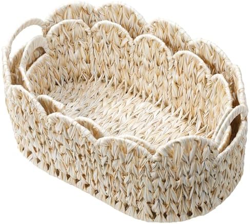 Coeusy Wicker Scalloped Basket Set of 2,Woven Storage Baskets for Shelves,Closet,Laundry,Gifts,Towels,Books,Toys,Waterproof Boho Decor Basket for Organizing
