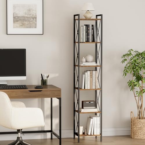 Homhedy 6 Tier Small Bookshelf, Tall Narrow Bookcase, Metal Book Shelf