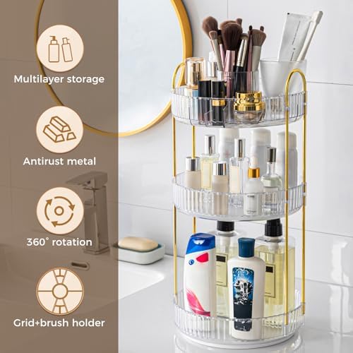 360° Rotating Makeup Organizer, Upgraded 3 Tier Skincare Perfume Organizers for Women, Bathroom Organizer Countertop, Cl