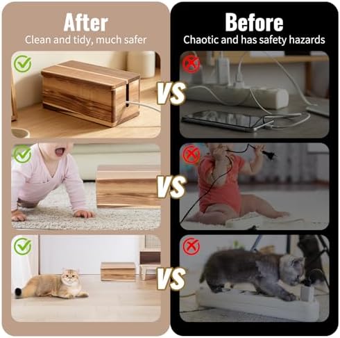 Large Cable Management Box Scalloped Edge, Acacia Wood Cable Organizer Box & Power Strip Box for Electrical Cord Managem