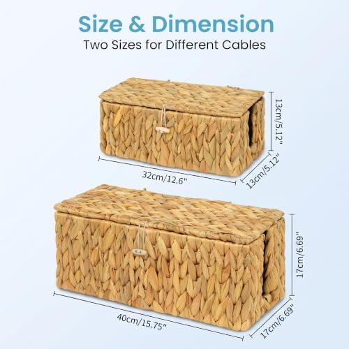 efluky 2 Pack Water Hyacinth Floor Cord Covers with Lid, Hand-woven Cable Management Box, 2 Open Slots Cord Box to to Hi
