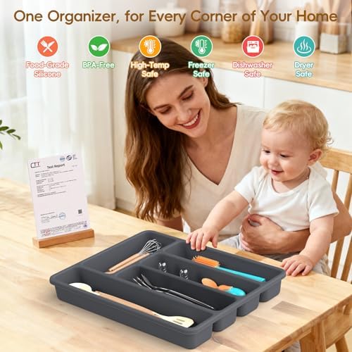 Non-Slip Silicone Kitchen Drawer Organizer for Utensils & Flatware | Heavy-Duty Silverware Cutlery Tray Insert | Waterproof, Easy-Clean for Office, Junk Drawer