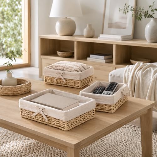 Lined Baskets for Shelves, Set of 4 Woven Paper Rope, Khaki