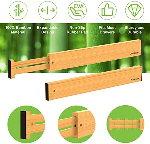 ANTOWIN Bamboo Drawer Dividers, Expandable Drawer Separators Splitter, 17-22 inches Adjustable Spring-loaded Organizer f