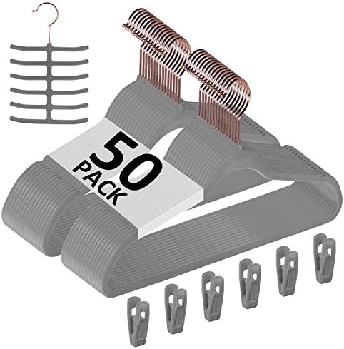 VECELO Premium Velvet Suit Hangers Heavy Duty (50 Pack) - Non Slip & Space-Saving Clothes Hangers with 6 Finger Clips and Tie Rack Excellent for Men and Women (Gray)