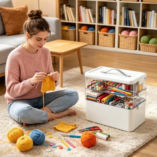 19QT Large Plastic Craft Organizers and Storage Box,3-Layer Portable Craft Storage Container with Handle,Art Supply Stor