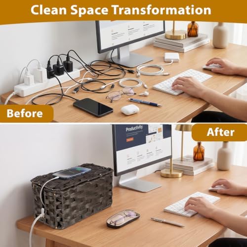 2 Pack Handwoven Cable Management Box with Lid, Decorative Cord Organizer for Power Strips, Chargers, TV Wires, Desk, Ho