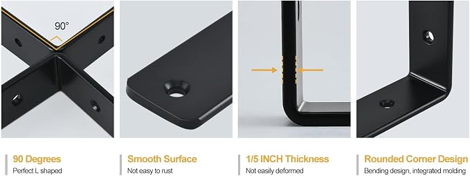 6 Pack - L 8" x H 6" x W1.5, 5mm Thick Black L Shelf Bracket, Iron Shelf Brackets, Metal Shelf Brackets, Floating Shelf, Shelf Supports with Screws