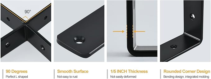 4 Pack - L 12" x H 8" x W1.5, 5mm Thick Black L Shelf Bracket, Iron Shelf Brackets, Metal Shelf Brackets, Floating Shelf, Shelf Supports with Screws