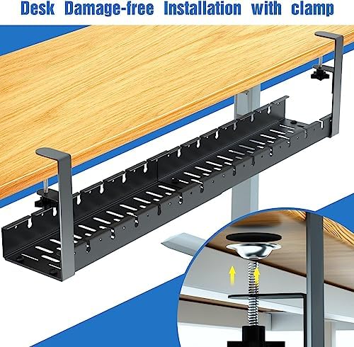 No Drilling Extendable Under Desk Cable Management, Metal Cable Management Tray Under Desk with Clamp, Retractable Power