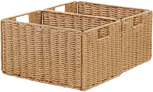 Vagusicc Wicker Storage Basket, Set of 2 Hand-Woven Paper Rope Wicker Basket, Small Storage Baskets for Organizing Toile