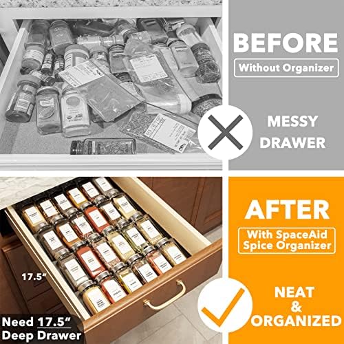 SpaceAid Spice Drawer Organizer with 24 Spice Jars, 378 White Minimalist Spice Labels, 4 Tier Seasoning Rack Tray Insert