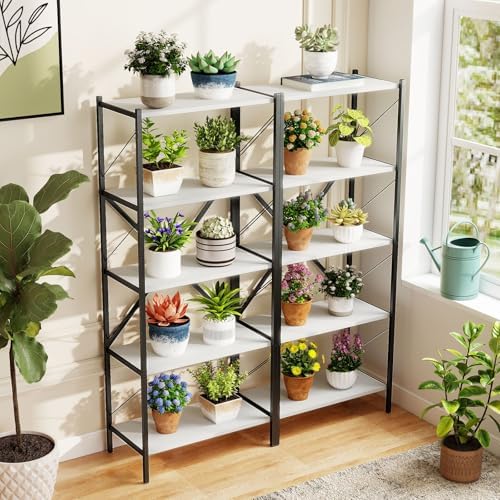 GIANTEX 5-Tier Tall Bookshelf Set of 2, Industrial Bookcase with Heavy-Duty Metal Frame, Modern Storage Book Shelf, Open