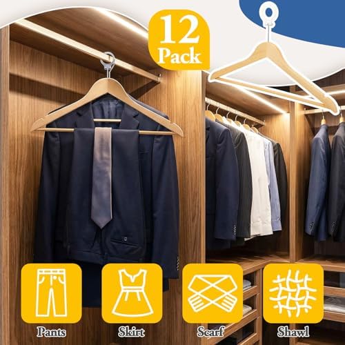 12 Pack Hotel Suit Hangers 17.5" Anti-Theft Security Hangers, Natural Wood