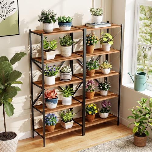 GIANTEX 5-Tier Tall Bookshelf Set of 2, Industrial Bookcase with Heavy-Duty Metal Frame, Modern Storage Book Shelf, Open