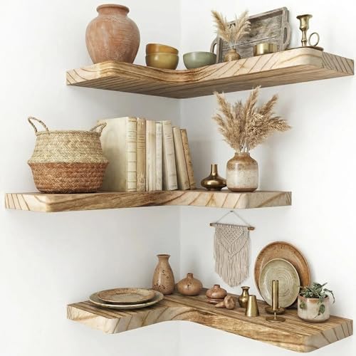 16" Solid Wood Floating Corner Shelves, 3 Pack, Carbonized Brown