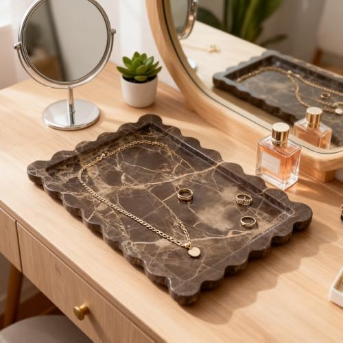 Natural Scalloped Marble Tray 10.7"x7.87",Rectangle Tray for Bathroom Kitchen Counter, Decorative Tray for Dresser (Coff