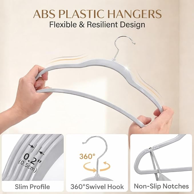 SMARTOR Plastic Hangers 50 Pack, Thin Hangers with 360° Swivel Hook | Non-Velvet Hanger Heavy Duty Clothes Holders for Closet - Durable Adult Hanger, Space Saving Hangars - Gray