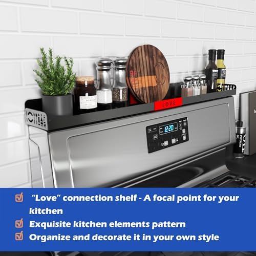 30" Magnetic Stove Top Shelf – Black Spice Rack with Red LOVE Design – Seasoning Organizer for Back of Stove – Over Stov