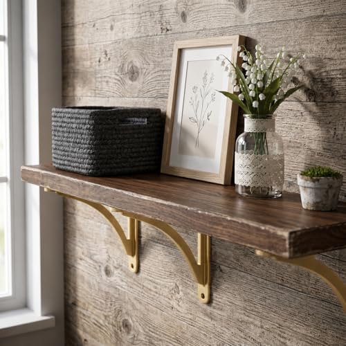 Khtumeware 100% Solid Brass Decorative Shelf Brackets, 8-inch Wall-Mounted Shelving Brackets, 2-Pack Antique Gold Vintag
