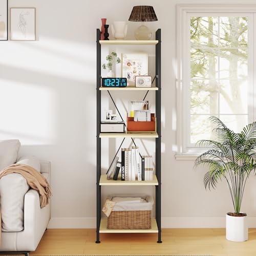 5 Tier Industrial Bookshelf, Storage Organizer, Natural Oak