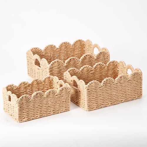 Scalloped Wicker Baskets Set of 3, Hand-Woven Storage with Handles