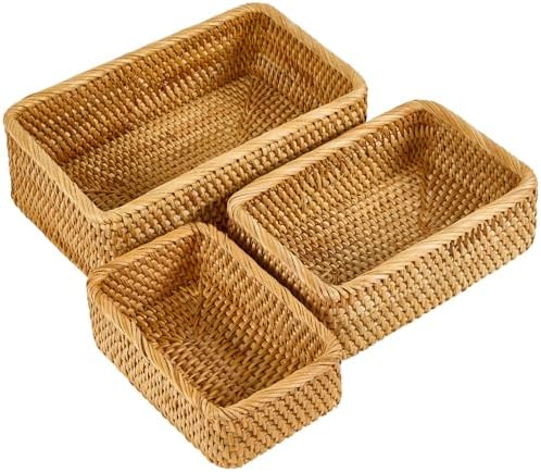 Natural Rectangular Rattan Storage Baskets (Set of 3), Hand Woven Food and Fruit Serving Baskets, Wicker Organizer for L