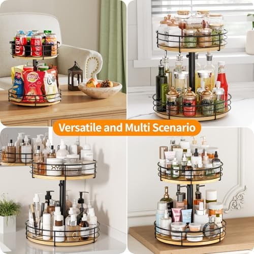 2 Tier Lazy Susan with Adjustable Height and Metal Divider Design, Black