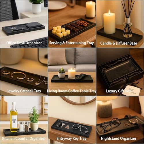 Matte Black Granite Vanity Tray - Natural Stone Rectangular Catchall, 10.6" Decorative Organizer for Bathroom, Entryway,