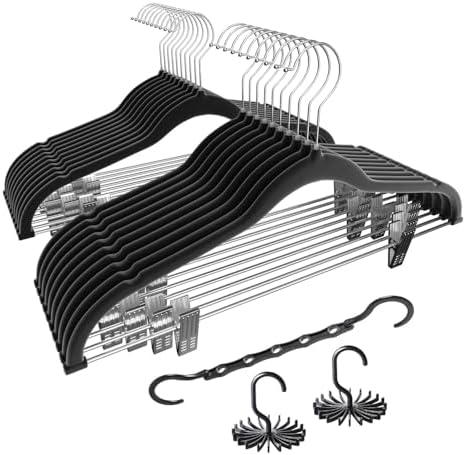 VECELO 20 Pack Black Velvet Clothes Hangers with Adjustable Clips,Heavy-Duty Non Slip & Space-Saving with 1 Magic Hangers and 2 Tie Rack for Suit Coat Pants Skirt Dresses