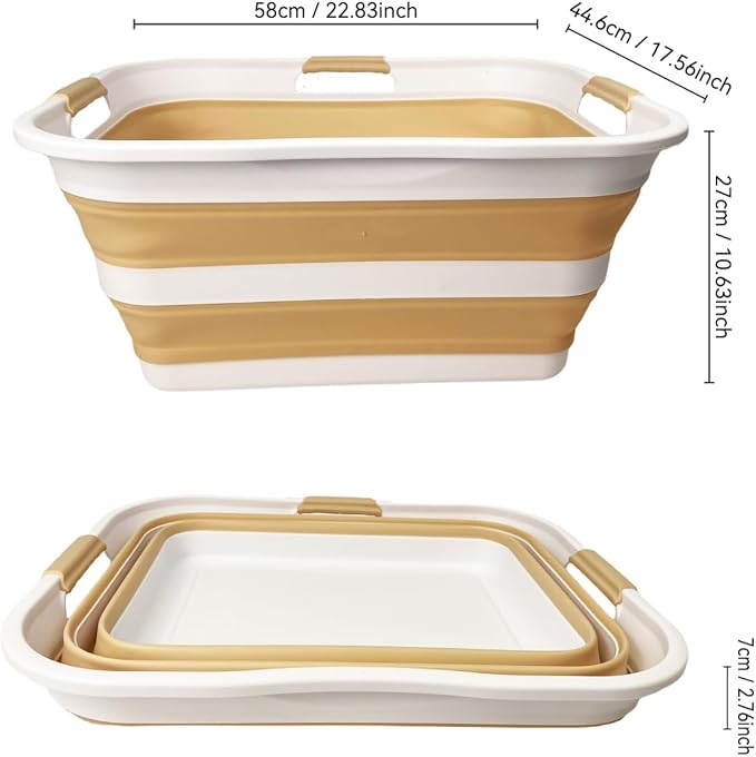 SAMMART 42 (11 Gallons) Collapsible Plastic Laundry Basket, Foldable Pop Up Storage Container/Organizer, Space Saving Hamper, Portable Bin for Dorm Room Bathroom (1, White/Beige)