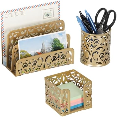 EasyPAG Desk Organizers and Accessories 3 Pieces Office Organizer Set - Pen Holder for Desk, Mail Sorter Countertop and Sticky Note Holder, Gold
