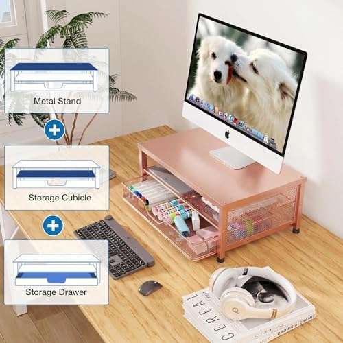 OPNICE Computer Monitor Stand Riser, Desk Organizer with Drawer, Printer & Laptop Stand, Office Desk Accessories & Works