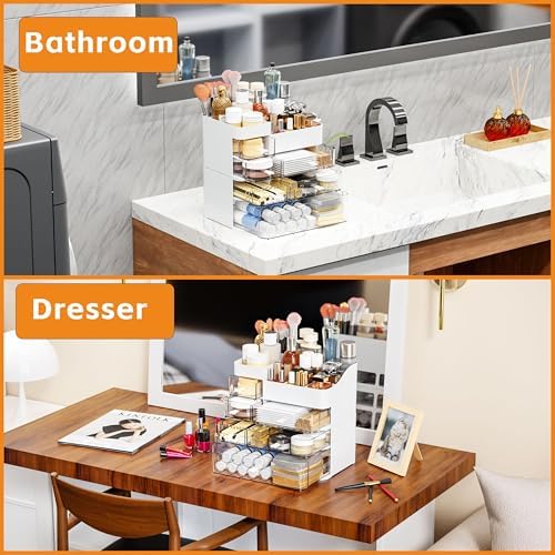 White Countertop Makeup Organizer with 6 Drawers,Large Capacity Skincare Organizers for Vanity,Desk,Dresser,Plastic Bath