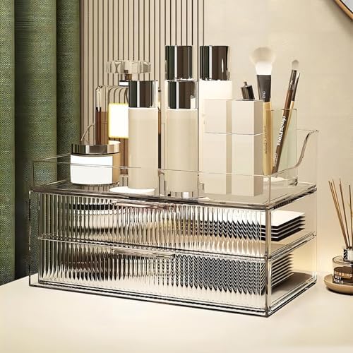 DASITON Clear Dustproof Two layers Storage Box,Makeup Brush Holder,Large Capacity Desktop Storage Box with Drawer,for Be
