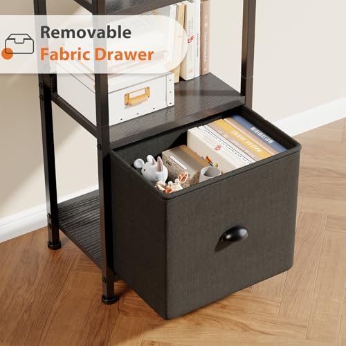 OLIXIS 5 Tier Bookshelf with Fabric Drawer, Tall Narrow Bookcase with Shelf