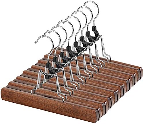 AMKUFO 12 Pack Wooden Pants Hangers with Clips Non Slip Skirt Hangers Walnut Trouser Clamp Hanger Solid Wood Hanger with 360° Swivel Hook